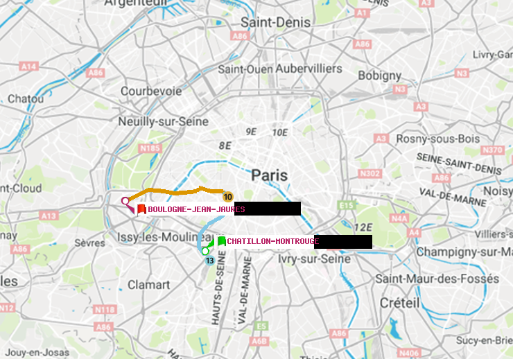 plan itinéraire ratp de Châtillon Montrouge à Boulogne-Jean-Jaurès