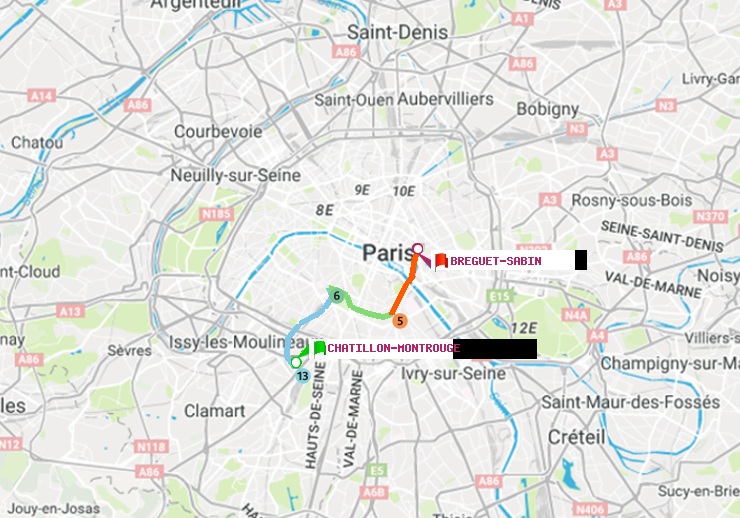 plan itinéraire ratp de Châtillon Montrouge à Bréguet-Sabin