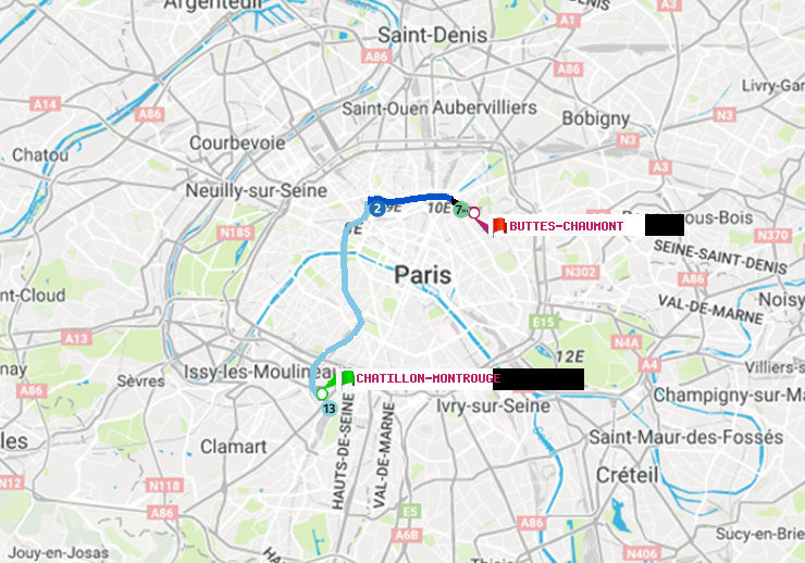 plan itinéraire ratp de Châtillon Montrouge à Buttes-Chaumont