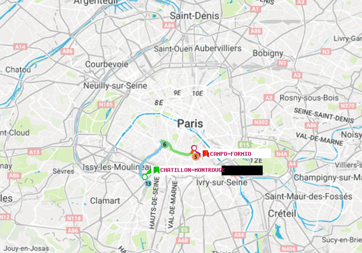plan itinéraire ratp de Châtillon Montrouge à Campo-Formio