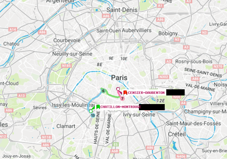 plan itinéraire ratp de Châtillon Montrouge à Censier-Daubenton