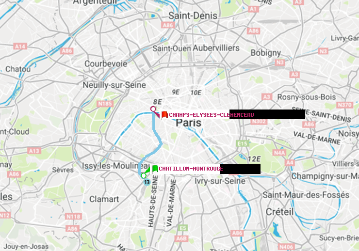 plan itinéraire ratp de Châtillon Montrouge à Champs-Elysées-Clémenceau