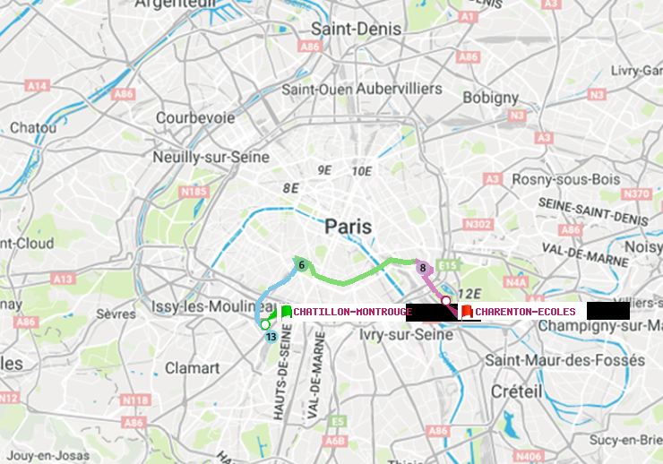 plan itinéraire ratp de Châtillon Montrouge à Charenton-Ecoles