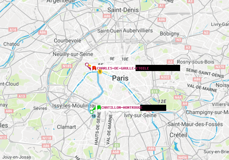 plan itinéraire ratp de Châtillon Montrouge à Charles de Gaulle-Etoile