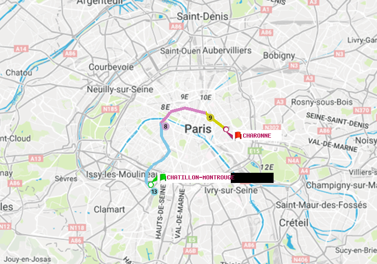 plan itinéraire ratp de Châtillon Montrouge à Charonne