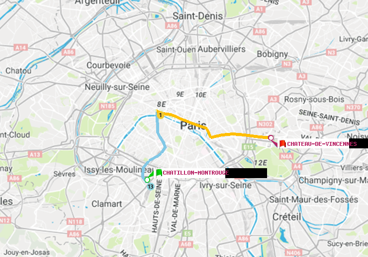 plan itinéraire ratp de Châtillon Montrouge à Château de Vincennes