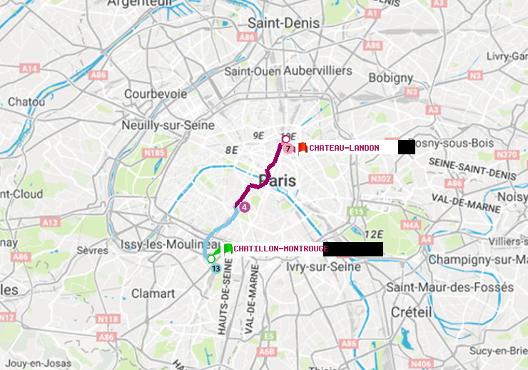 plan itinéraire ratp de Châtillon Montrouge à Château Landon