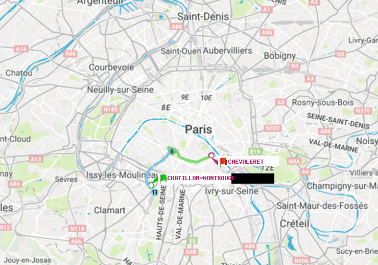plan itinéraire ratp de Châtillon Montrouge à Chevaleret