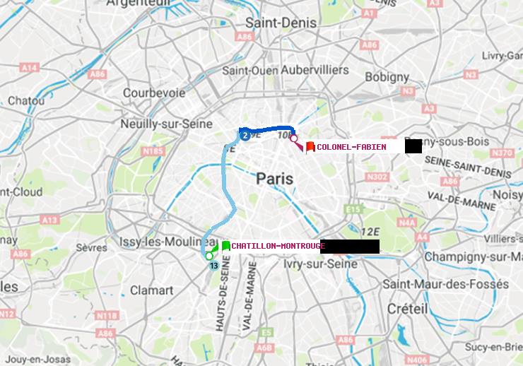 plan itinéraire ratp de Châtillon Montrouge à Colonel Fabien