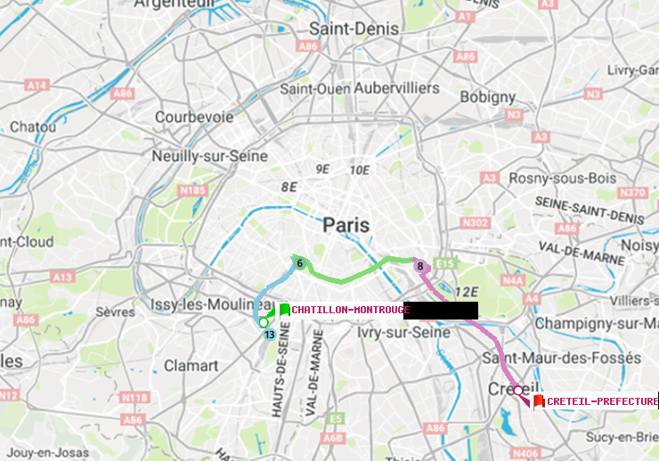 plan itinéraire ratp de Châtillon Montrouge à Créteil-Préfecture (Hôtel de Ville)