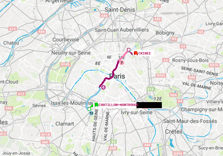 plan itinéraire ratp de Châtillon Montrouge à Crimée