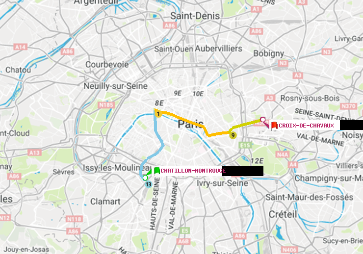 plan itinéraire ratp de Châtillon Montrouge à Croix-de-Chavaux (Jacques Duclos)