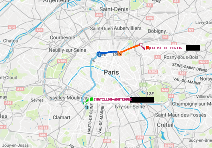 plan itinéraire ratp de Châtillon Montrouge à Eglise de Pantin