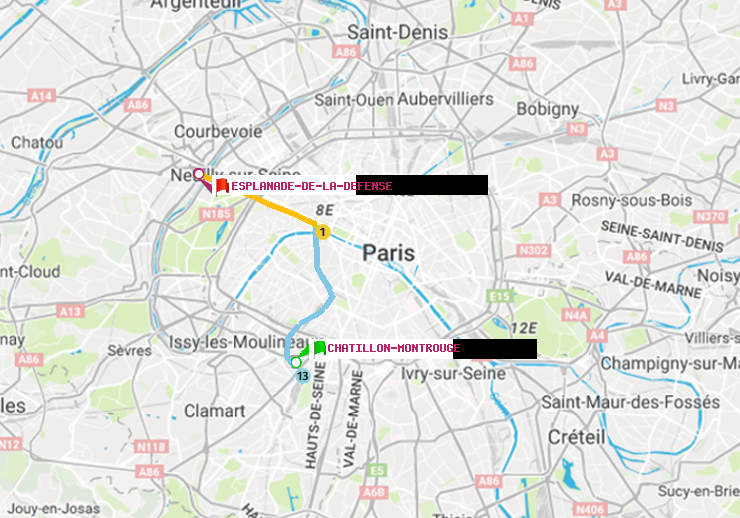 plan itinéraire ratp de Châtillon Montrouge à Esplanade de la Défense