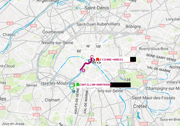 plan itinéraire ratp de Châtillon Montrouge à Etienne Marcel