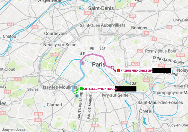 plan itinéraire ratp de Châtillon Montrouge à Faidherbe-Chaligny
