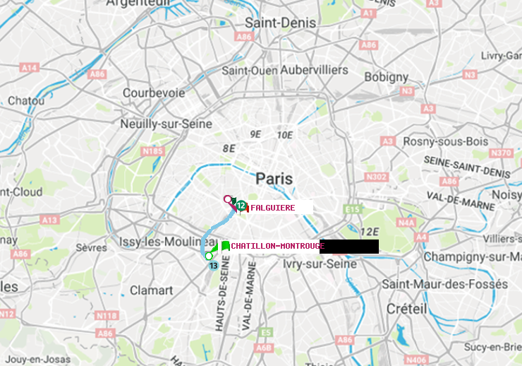 plan itinéraire ratp de Châtillon Montrouge à Falguière
