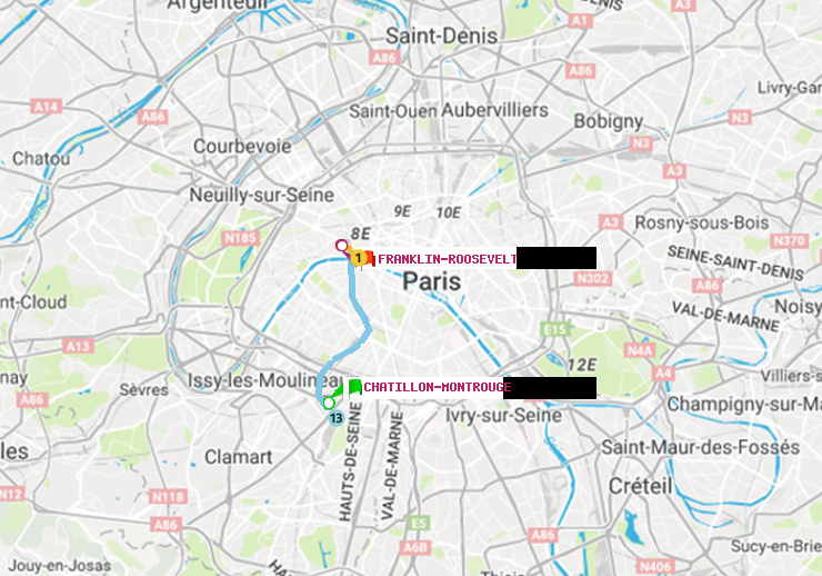 plan itinéraire ratp de Châtillon Montrouge à Franklin-Roosevelt