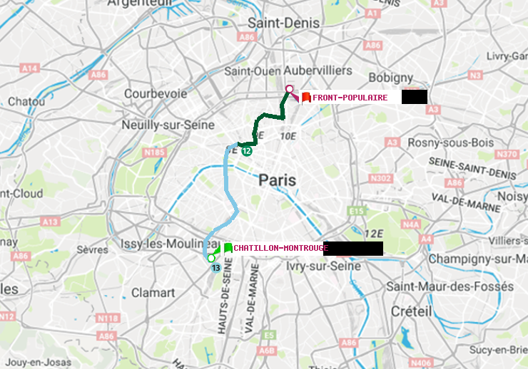 plan itinéraire ratp de Châtillon Montrouge à Front Populaire