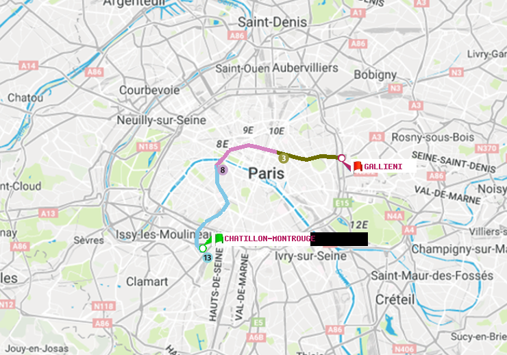 plan itinéraire ratp de Châtillon Montrouge à Gallieni (Parc de Bagnolet)