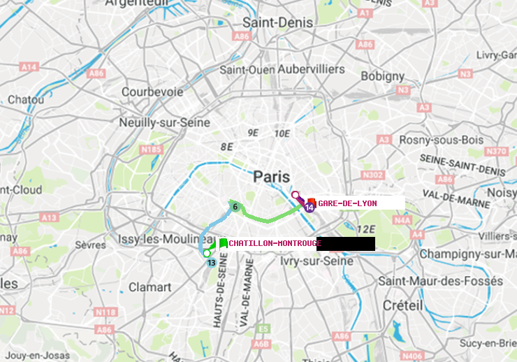 plan itinéraire ratp de Châtillon Montrouge à Gare de Lyon