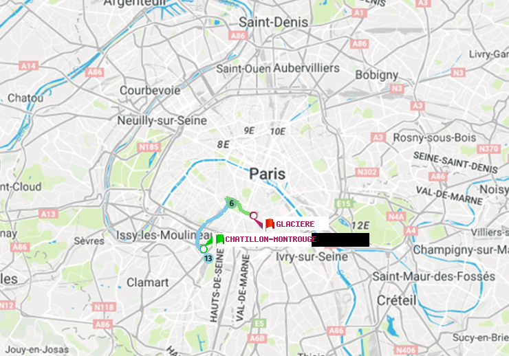 plan itinéraire ratp de Châtillon Montrouge à Glacière