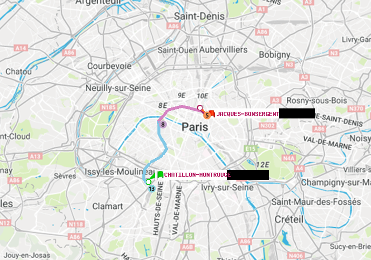 plan itinéraire ratp de Châtillon Montrouge à Jacques-Bonsergent