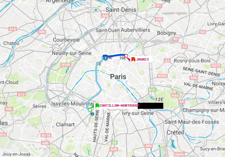 plan itinéraire ratp de Châtillon Montrouge à Jaurès