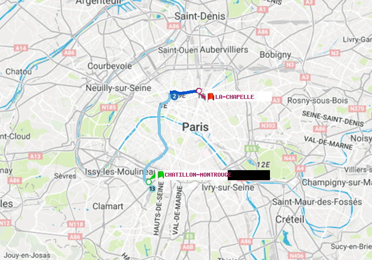 plan itinéraire ratp de Châtillon Montrouge à La Chapelle