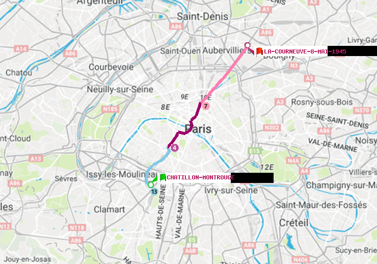 plan itinéraire ratp de Châtillon Montrouge à La Courneuve-8-Mai-1945