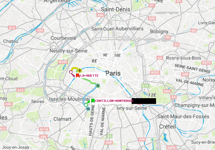 plan itinéraire ratp de Châtillon Montrouge à La Muette