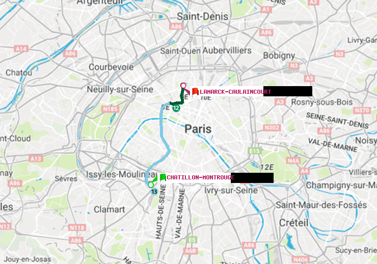 plan itinéraire ratp de Châtillon Montrouge à Lamarck-Caulaincourt
