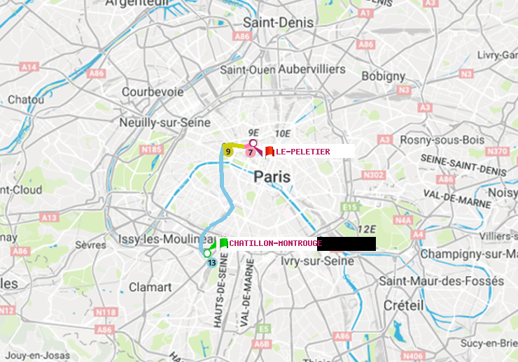 plan itinéraire ratp de Châtillon Montrouge à Le Peletier