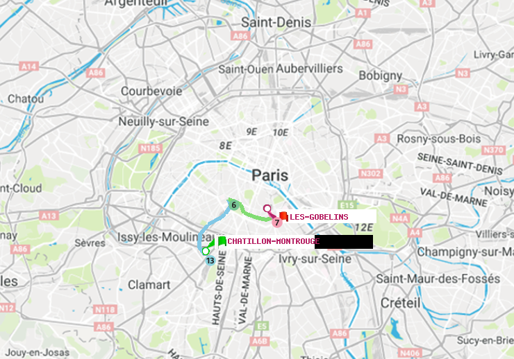 plan itinéraire ratp de Châtillon Montrouge à Les Gobelins