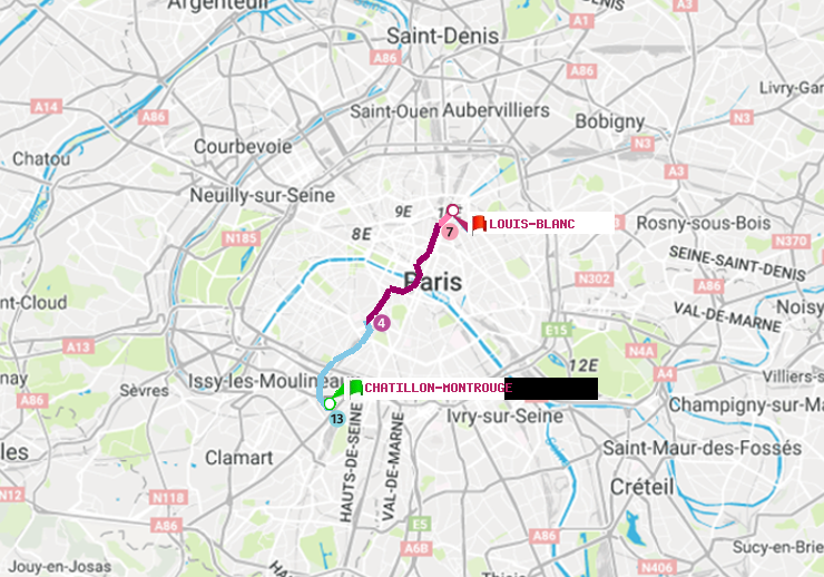 plan itinéraire ratp de Châtillon Montrouge à Louis Blanc