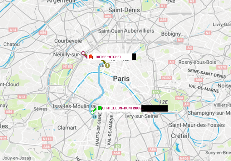 plan itinéraire ratp de Châtillon Montrouge à Louise Michel
