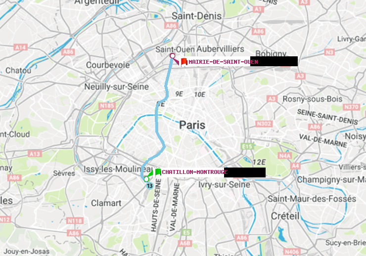 plan itinéraire ratp de Châtillon Montrouge à Mairie de Saint-Ouen