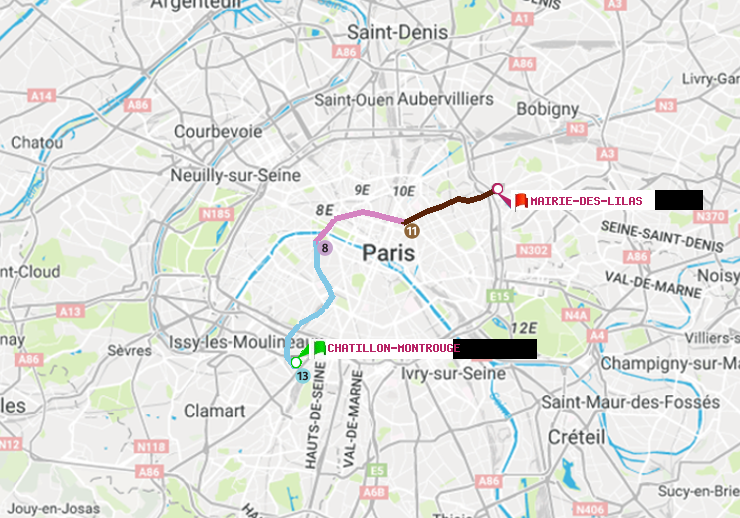 plan itinéraire ratp de Châtillon Montrouge à Mairie des Lilas