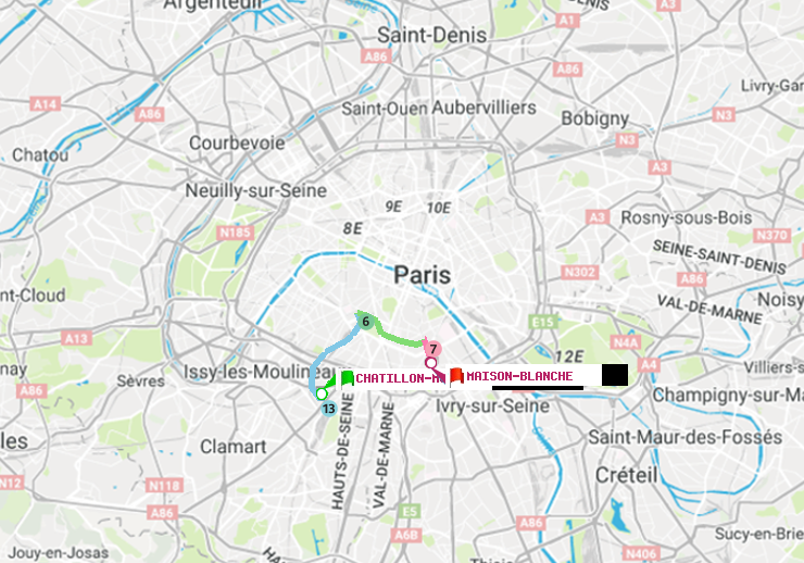 plan itinéraire ratp de Châtillon Montrouge à Maison Blanche