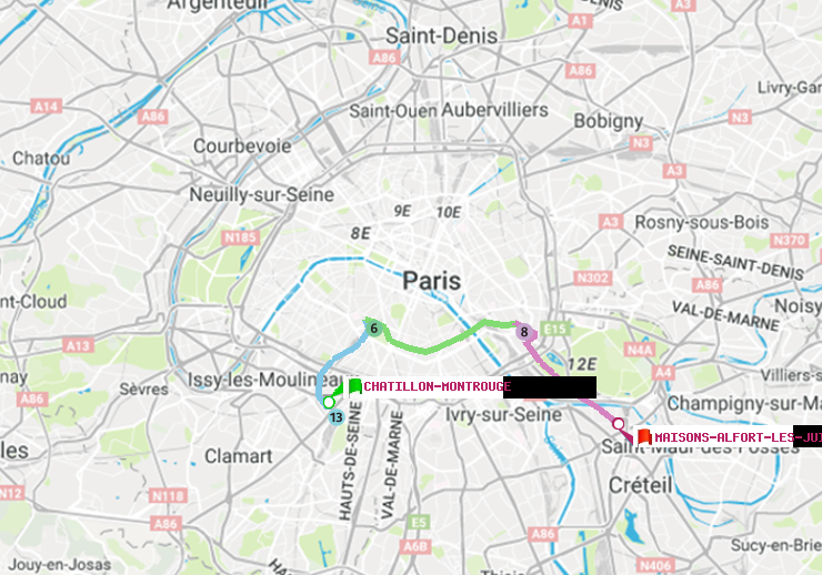 plan itinéraire ratp de Châtillon Montrouge à Maisons-Alfort-Les Juilliottes