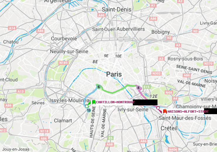 plan itinéraire ratp de Châtillon Montrouge à Maisons-Alfort-Stade