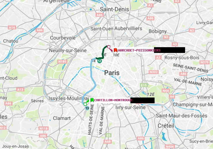 plan itinéraire ratp de Châtillon Montrouge à Marcadet-Poissonniers