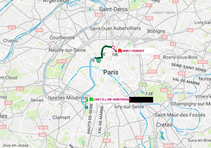 plan itinéraire ratp de Châtillon Montrouge à Marx-Dormoy