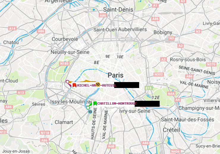 plan itinéraire ratp de Châtillon Montrouge à Michel-Ange-Auteuil
