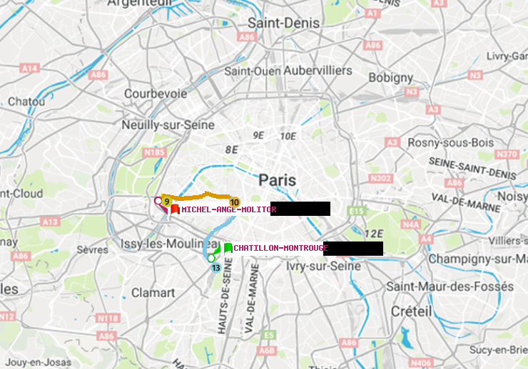 plan itinéraire ratp de Châtillon Montrouge à Michel-Ange-Molitor