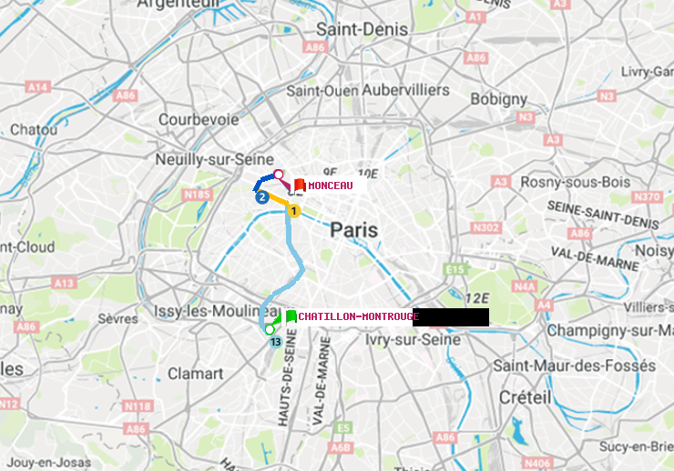 plan itinéraire ratp de Châtillon Montrouge à Monceau