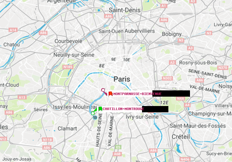 plan itinéraire ratp de Châtillon Montrouge à Montparnasse-Bienvenue