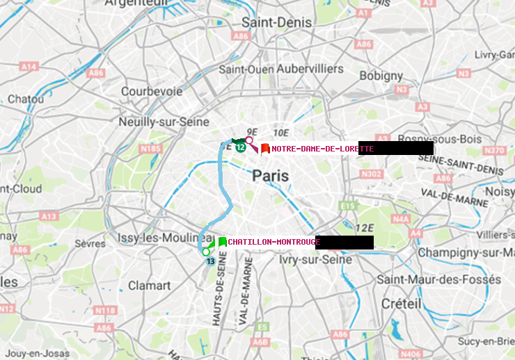 plan itinéraire ratp de Châtillon Montrouge à Notre-Dame de Lorette