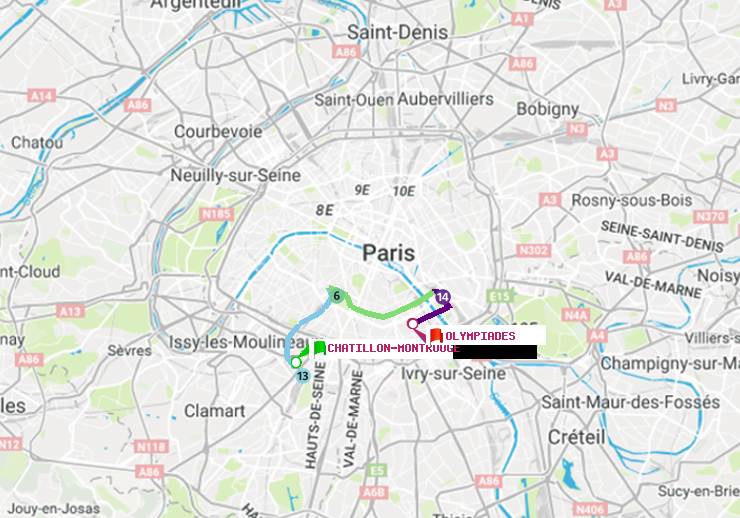plan itinéraire ratp de Châtillon Montrouge à Olympiades