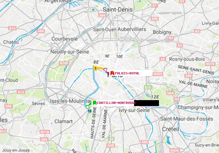 plan itinéraire ratp de Châtillon Montrouge à Palais-Royal (Musée du Louvre)